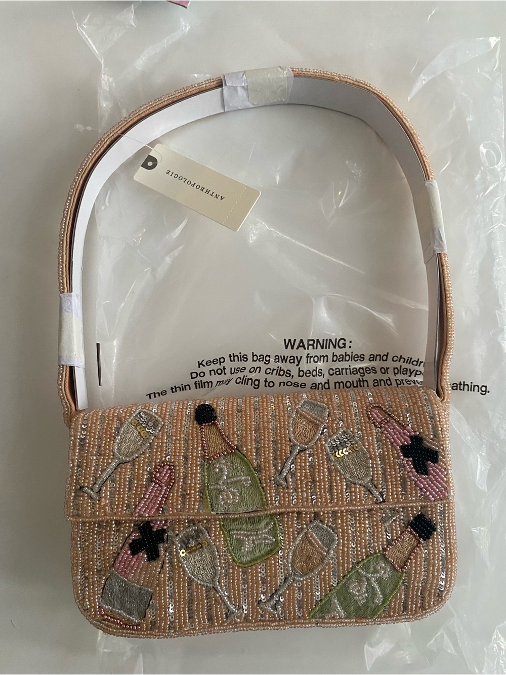 Anthropologie Fiona Beaded Champagne Bottle Bag - Peach Pink